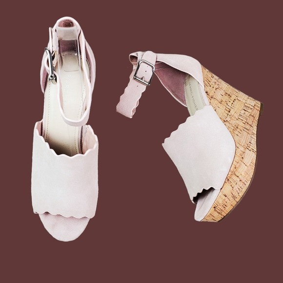 Marc Fisher Shoes - Marc Fisher Hayo Light Pink Scallop Suede Leather Cork Wedge Sandals Size 7.5